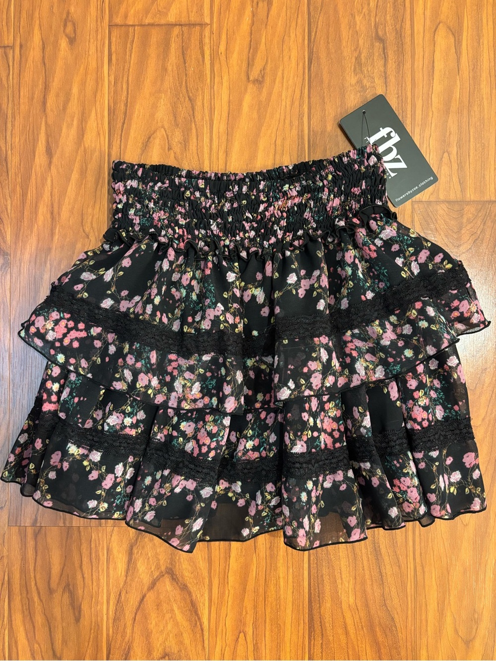 NWT FBZ Flowers by Zoe Claudia Tiered Floral Ruffle Skirt Black Pink Mesh